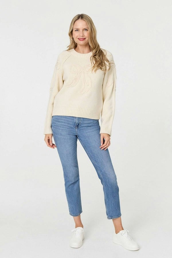 Cream | Bow Embroidered Long Sleeve Jumper