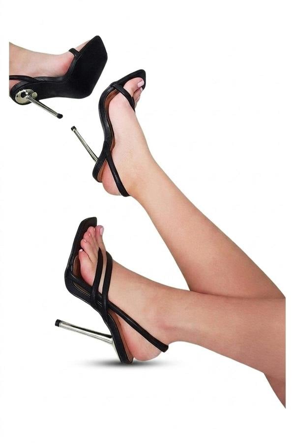 Lucinda Faux Leather Strappy High Heels - Black_wb