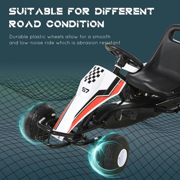 Side view of white-and-black kids pedal go-kart with large plastic wheels and black seat