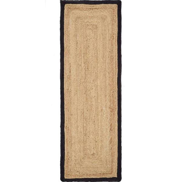 Beige jute rug with black border on a white background