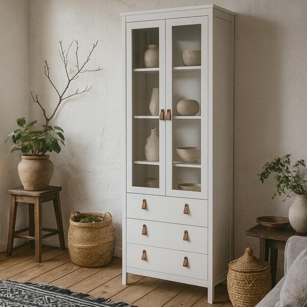 Wyld Haus Wildberry Matt White Wooden China Cabinet 2 Glass Doors 3 Drawers Leather Handles