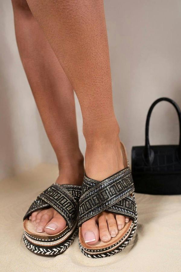 Yareli Embellished Cross Strap Platform Sandals - Black