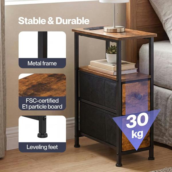 Levede Bedside Table Narrow Side Table with LED Charging Station Storage Brown