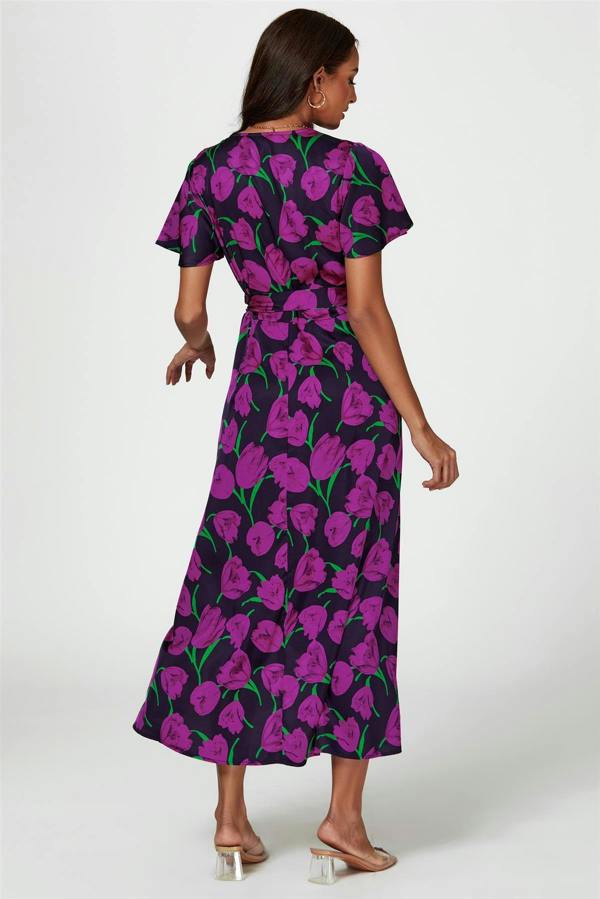 FS Collection Floral Print Satin Wrap Maxi Dress In Magenta