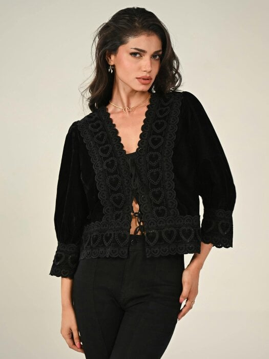 Rose & Nancy Harri Black Heart Embroidery Velvet Jacket
