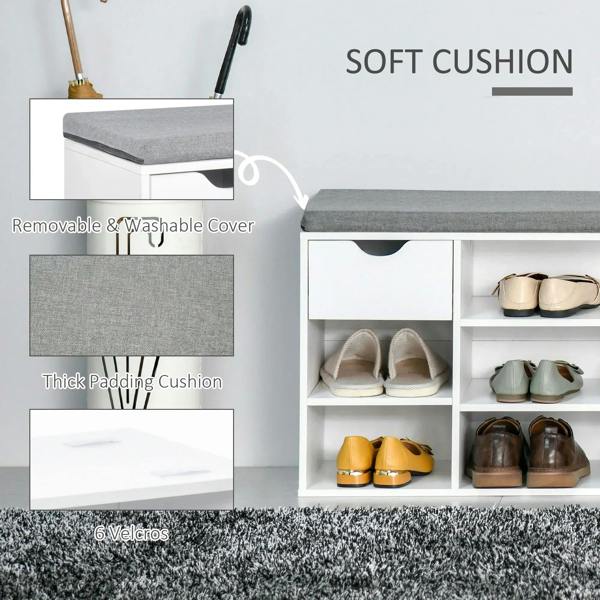 White shoe storage bench with removable washable grey cushion and thick padding