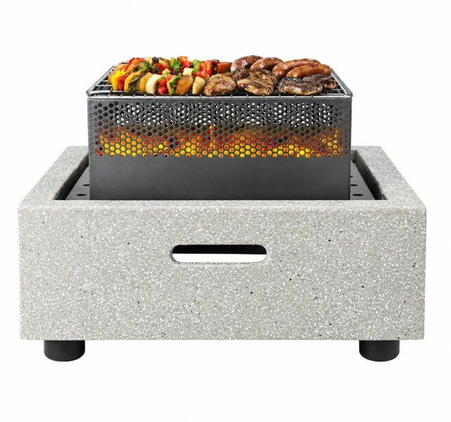 Gardenwize MGO Square Firepit BBQ – 2-in-1 Outdoor Fire Bowl with Grill - Light Grey