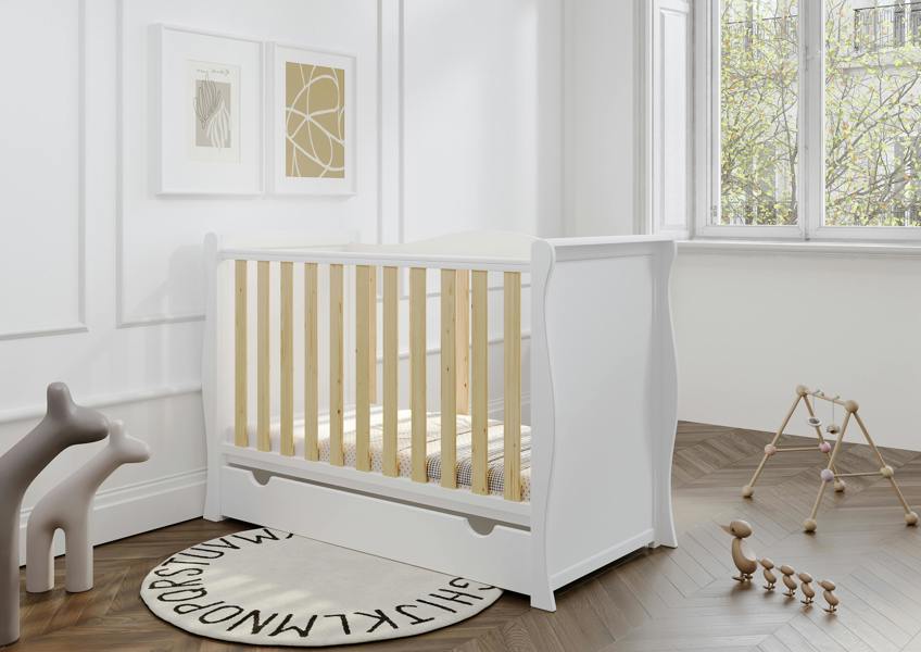 Viculii Willow Sleigh Mini Cot Bed White Natural with Drawer and Mattress