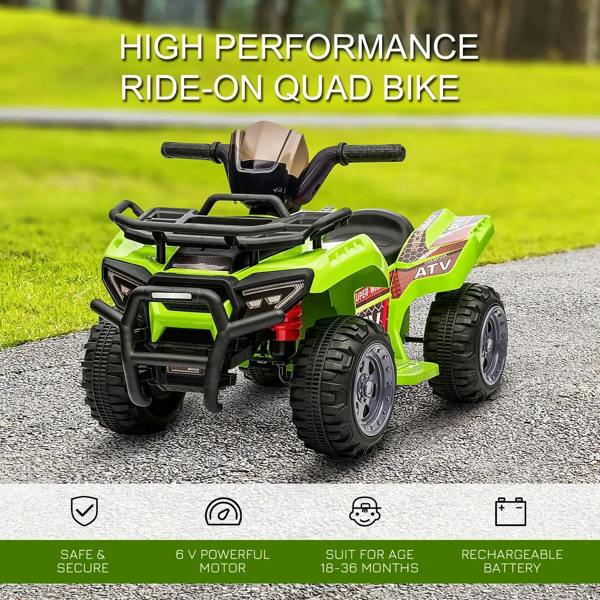 Green electric ride-on quad bike toy with black front frame, seat, and four off-road tires
