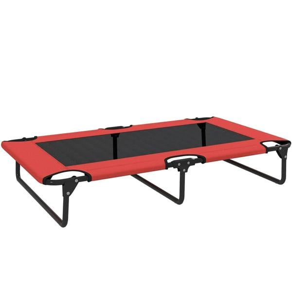 Red elevated dog cot with breathable black mesh, sturdy folding legs and frame