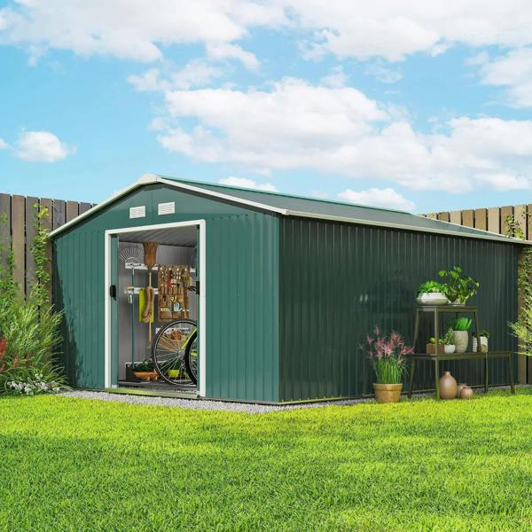 Green steel storage shed with open double sliding doors and visible interior storage