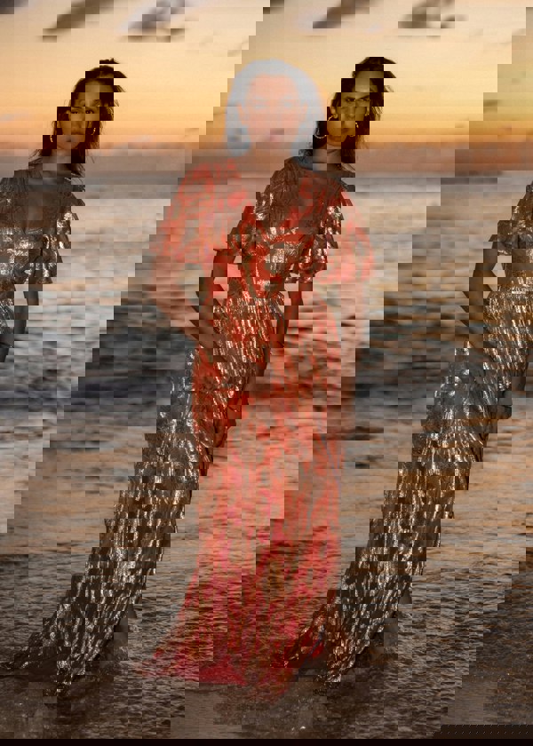 Gini London Orange Metallic Jacquard Flutter Sleeves Floral Maxi Dress