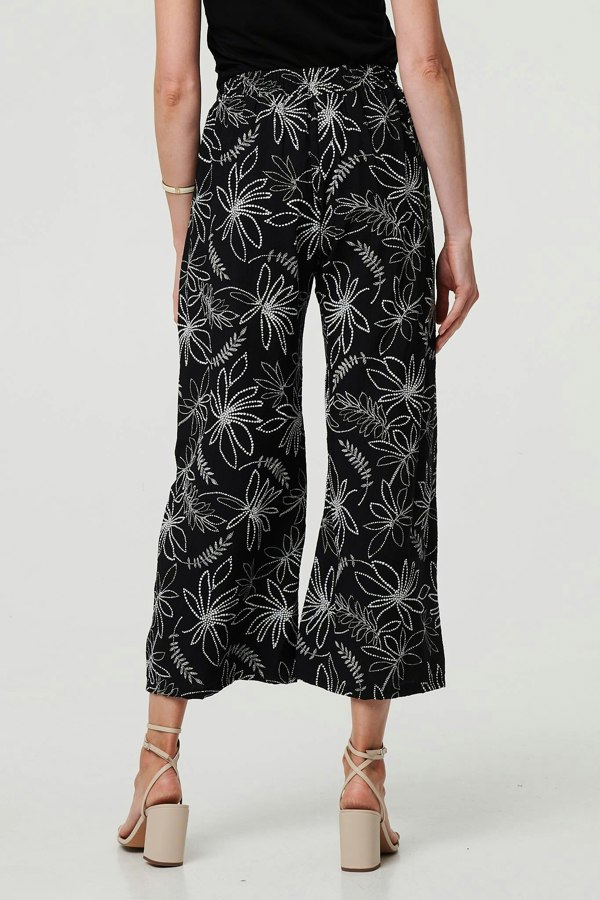 Black | Floral High Waist Wide Leg Trousers
