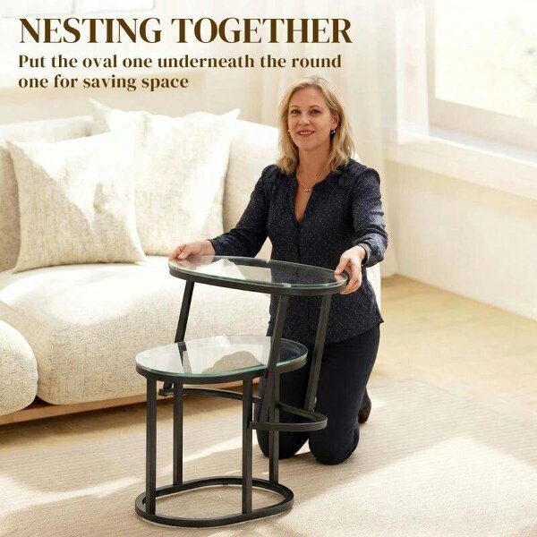 Nest of Tables with Steel Frame and Tempered Glass Tabletop, Modern Coffee Table Set of 2, Black