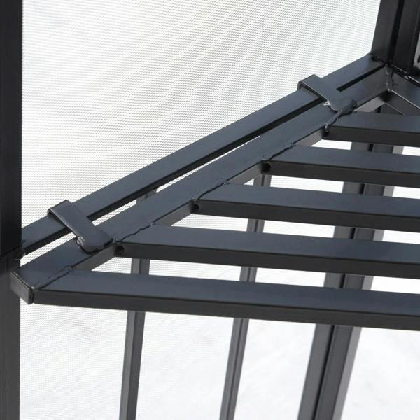 Close-up of black steel gazebo frame beam with connectors and mounting points