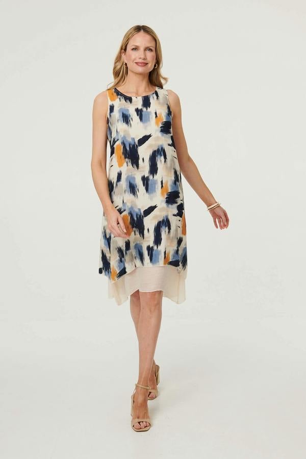 Blue | Brushstroke Print Knee Length Dress