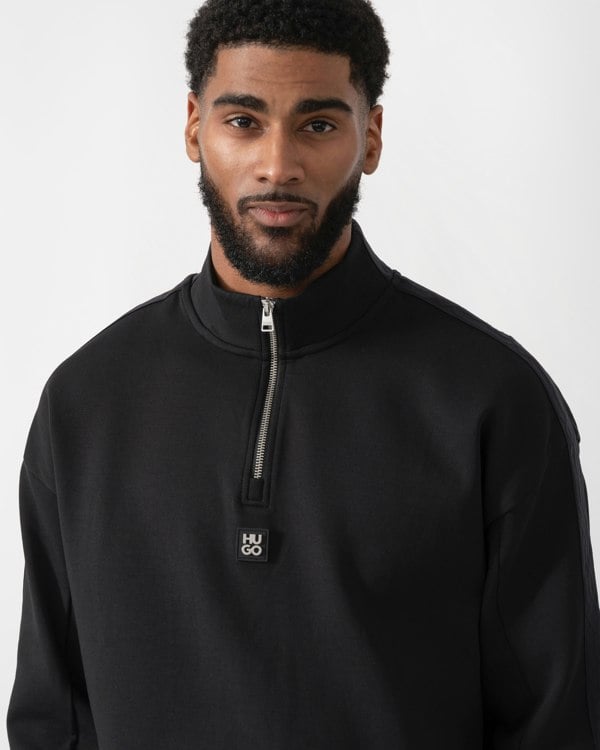 close up shot of a model wearing a HUGO Danovotop Mens Sweatshirt in Black
