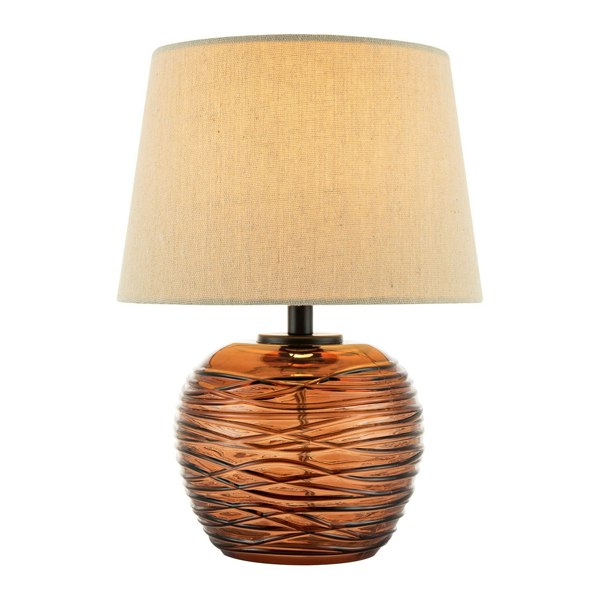 Modern Designer Amber Glass Table Lamp with Oatmeal Beige Linen Fabric Shade Image 1