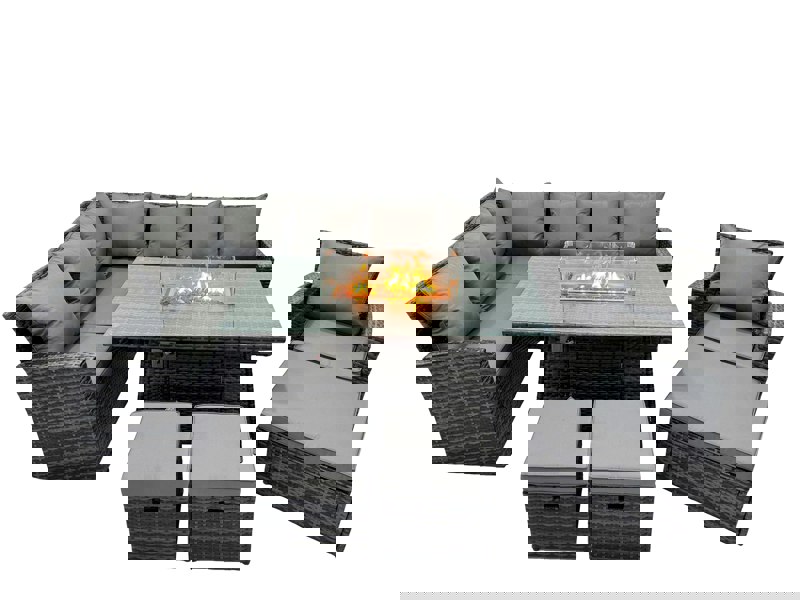 Fimous Poly Rattan Outdoor Patio Gas Firpit Dining Table Corner Sofa Set with 3 Stools Chair for Garden Backyard Dark Grey Mixed