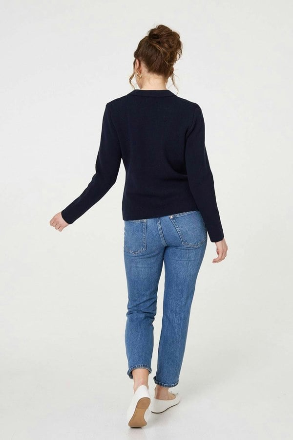 Navy | Textured Button Front Collared Jacket
