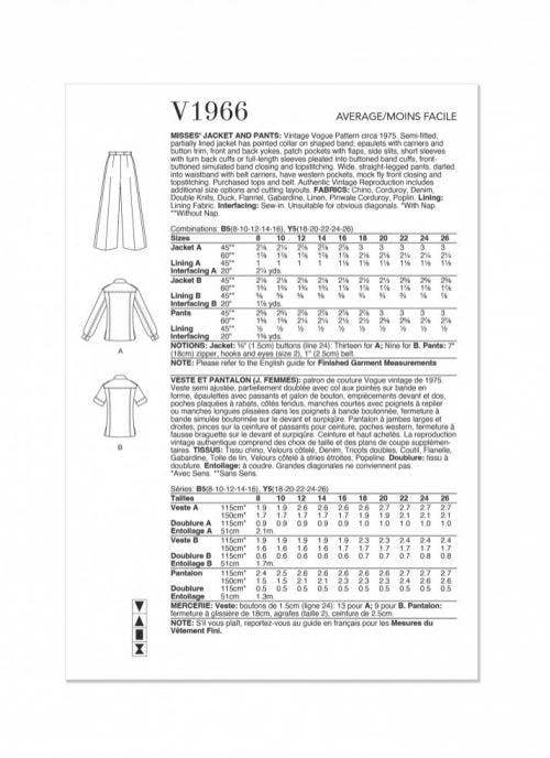 Vogue Sewing Pattern 1966, Jackets, Trousers, Vintage Style for Women, B5 (8-10-12-14-16) - Intermediate