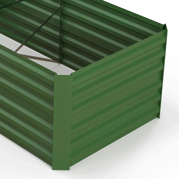 Green raised garden bed planter corner view with open top and slatted side walls
