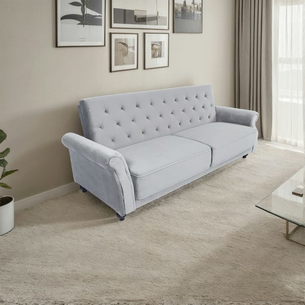 Furniture One Velvet Sofa Bed 3 Seater - 225cm - Click Clack Sofa Bed Couch Settee with Solid Wood Legs