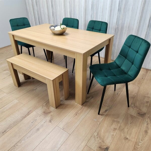 Kosy Koala Wooden Dining Table Set for 6 Oak Effect Table With 4 Green Velvet Chairs and 1 Bench