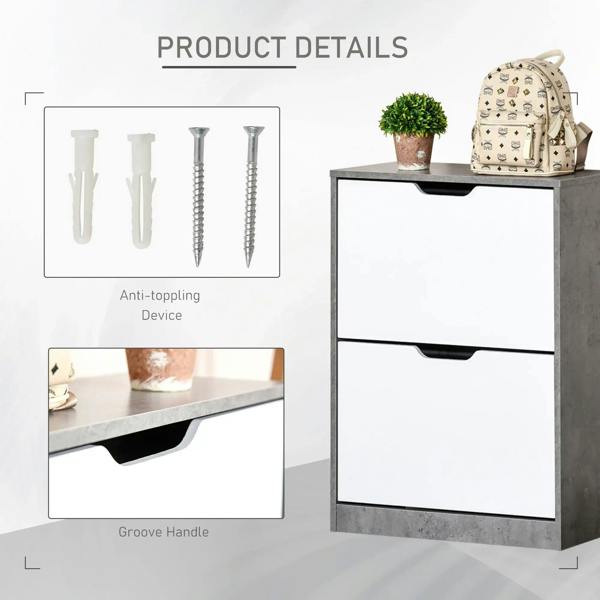 Grey and white shoe cabinet with groove handle design and anti-tip device