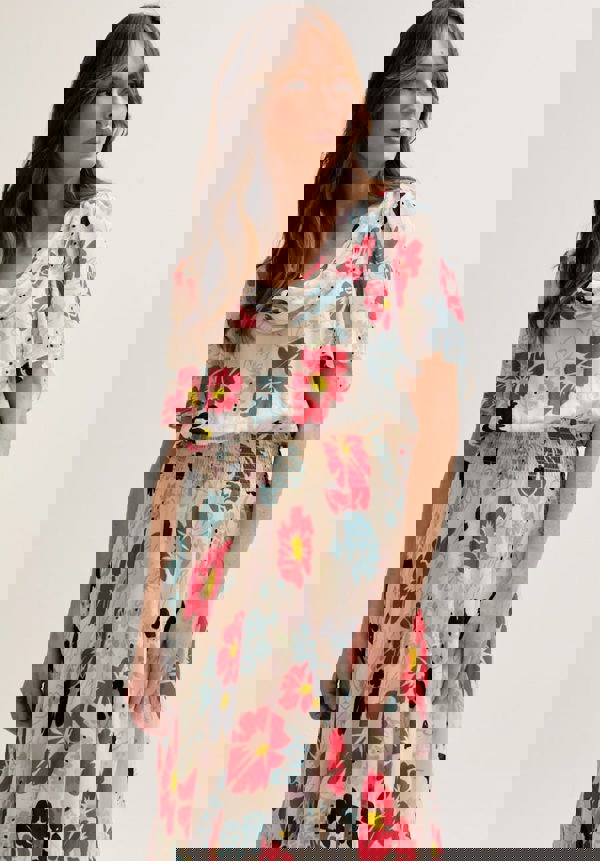 Galaxy Cowl Neck Poppy Print Midi Dress In Multi