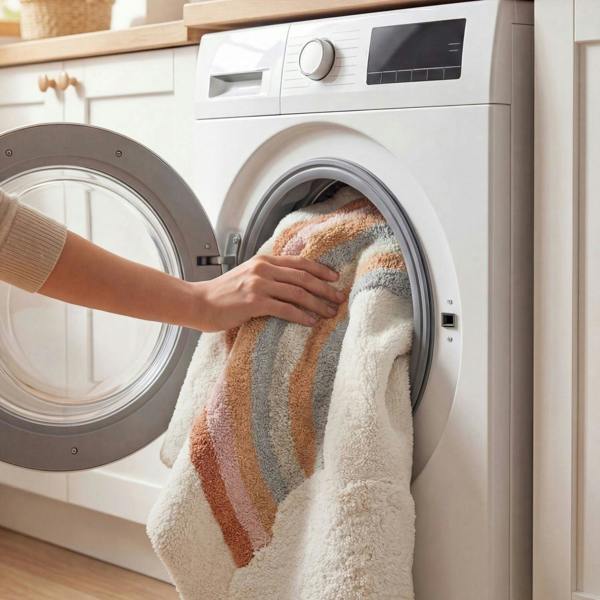 Person taking a towel out of a washing machine in a kitchen.
