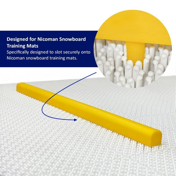 A yellow ski balancing bar slotted onto the Nicoman snowboard training mat with text indicating compatibility.