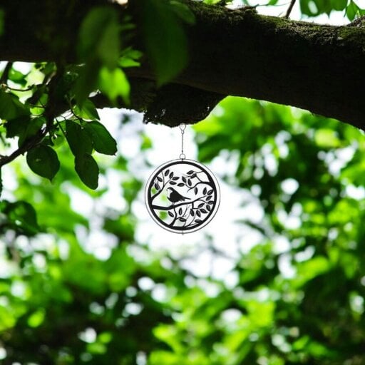 EDH Door Hardware Metal Robin in Tree Silhouette Wind Spinner Garden Ornament - Black 28cm - Eye-Catching Art for Outdoor Spaces