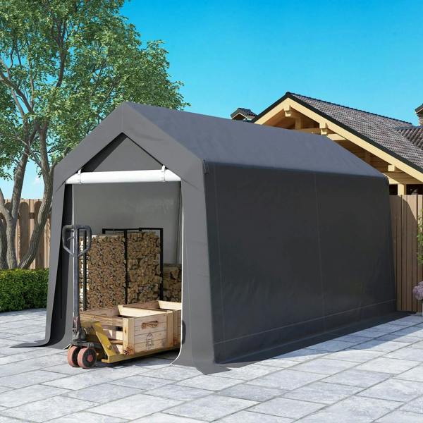 Dark grey portable outdoor storage shed tent with open front window door