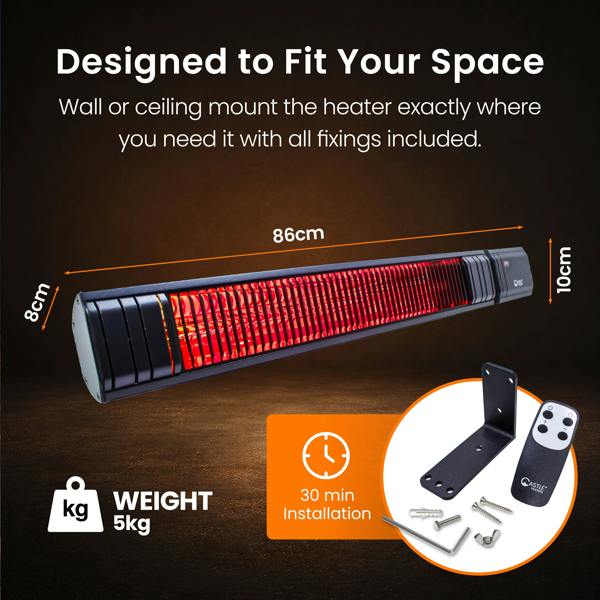 Castle Heaters 2500W Wi-Fi Infrared Patio Heater – Low Glare, Remote Control, IP65 | KMH-25R9