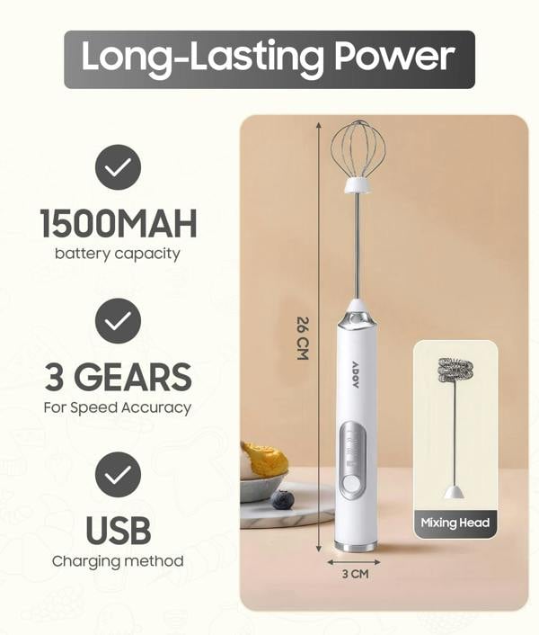 ADOV Rechargeable Handheld Milk Frother, 3-Speed Electric Coffee Whisk with 2 Heads for Latte, Cappuccino and Matcha