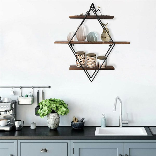 Rafaelo Mobilia Industrial 3 Tier Wooden Diamond Shape Floating Shelf