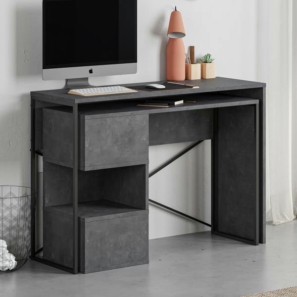 Decortie Modern Badau L-Shaped Computer Desk Metal Legs 3 Adjustable Storage Shelf Extra Table 110cm(W) Work PC Office