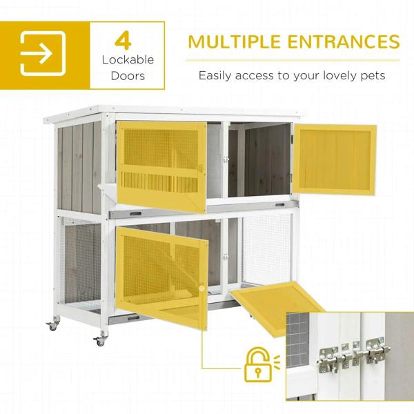 Two-tier wooden pet hutch with multiple entrance doors, wire mesh panels, and side openings