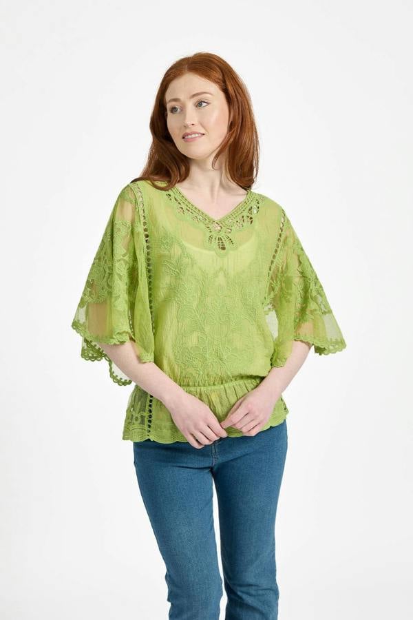 Mudflower Delicate Embroidered Lace Batwing Top