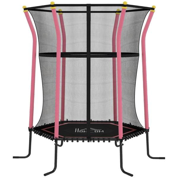 Kids mini trampoline with pink frame and grey enclosure safety net