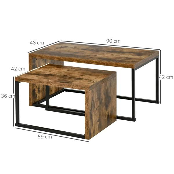Two nesting coffee tables in rustic brown with black metal frames, with size measurements