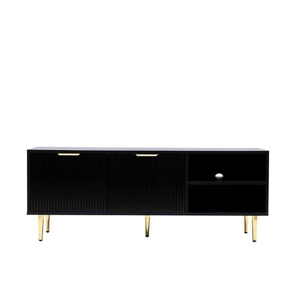 MMT Furniture Designs Black MMT TV Stand, TV Stand Cabinet with Fluted Ribbed Gloss Doors and Legs, 130cm TV