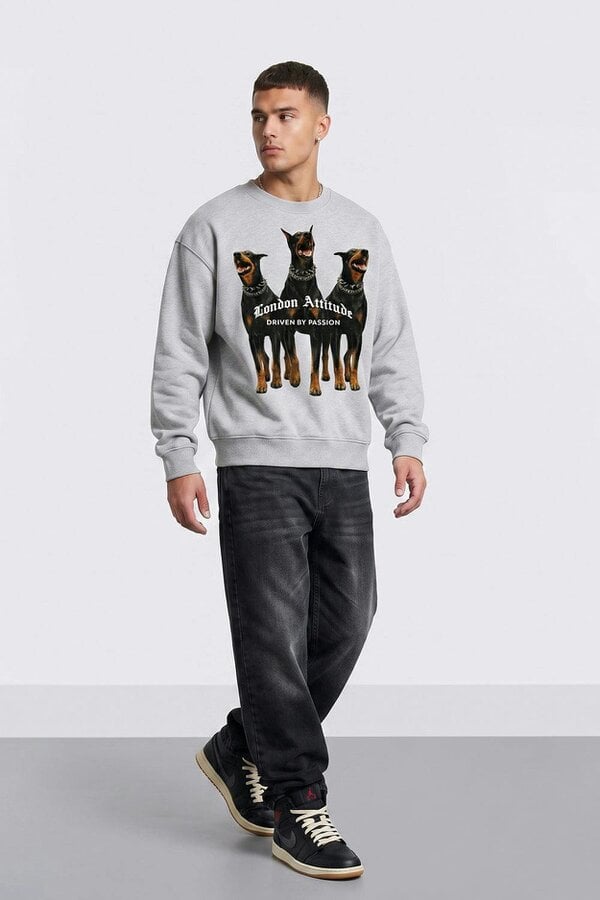 London Attitude Doberman Graphic Relaxed Oversized Fit Sweatshirt - Heather grey