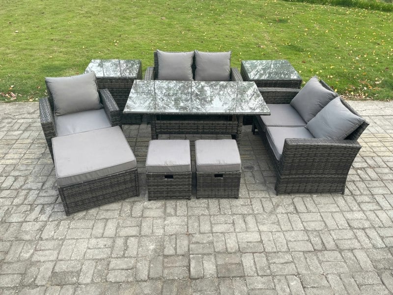Fimous Outdoor Garden Dining Set - Dark Grey Mixed PE Wicker Rattan Sofa with Rectangular Dining Table & 3 Footstools