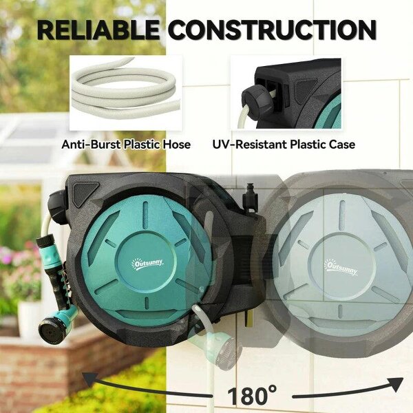 Bobobiy Retractable Hose Reel Wall Mounted, 20+2m Garden Hose Pipe Reel with Lock, 7 in 1 Spray Nozzle, 180° Swivel, 54 x 20 x 39 cm, Black