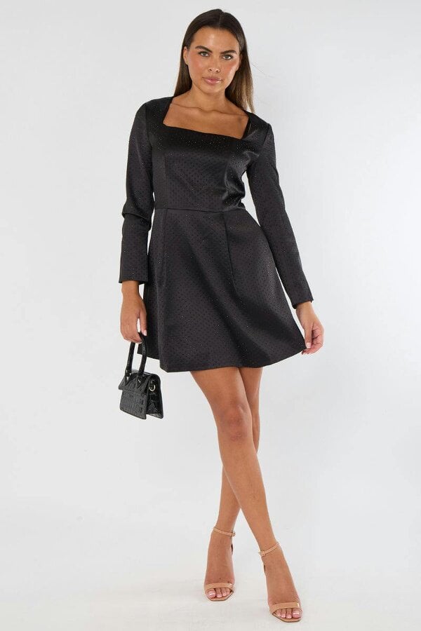 Long Sleeve Black Sequin Mini Dress with Pockets
