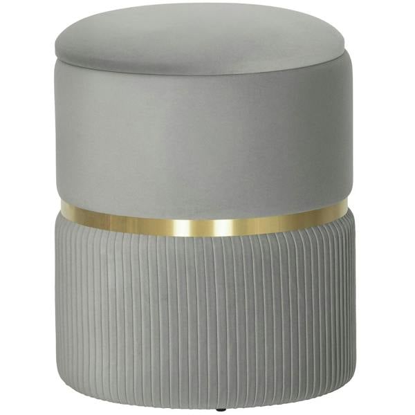 Light grey round velvet-feel storage ottoman with cushioned lid and brass base trim