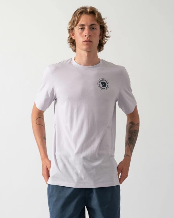 model wearing a Fjallraven 1960 Logo Mens T-Shirt in Lavender Mist 452