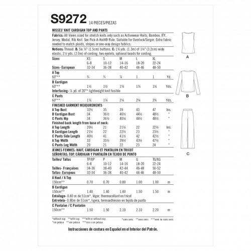Simplicity Sewing Pattern 9272, Cardigans, Tops, Trousers for Women, A (XS-S-M-L-XL) - Intermediate